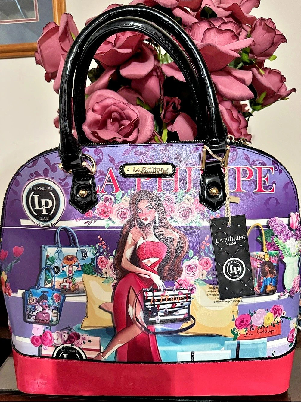 La Philipe Floral Satchel in Purple & Pink (New)